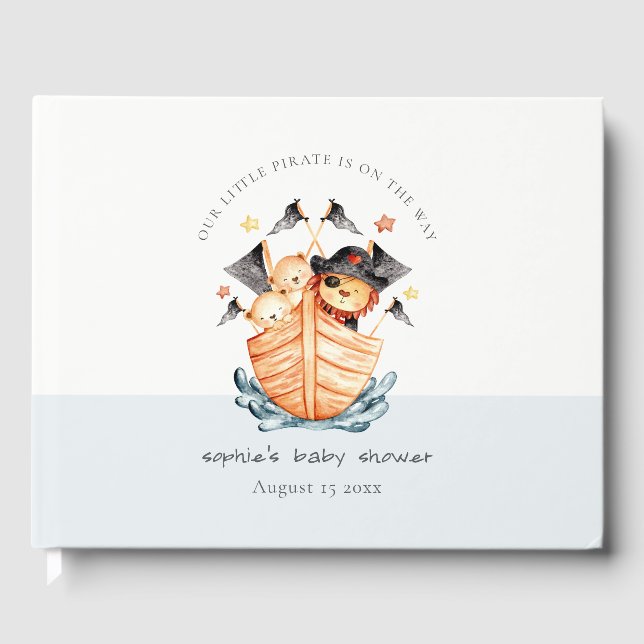 Cute Nautical Pirate Ship Lion Cub Baby Shower Guest Book (Front)