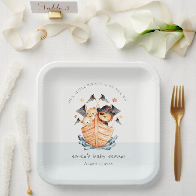 Cute Nautical Pirate Ship Lion Cub Baby Shower Paper Plate (Wedding)