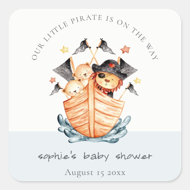 Cute Nautical Pirate Ship Lion Cub Baby Shower Square Sticker (Front)