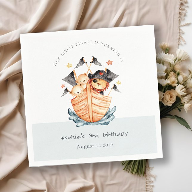 Cute Nautical Pirate Ship Lion Cub Kids Birthday Napkin (Creator Uploaded)