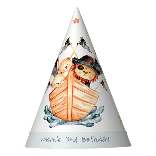 Cute Nautical Pirate Ship Lion Cub Kids Birthday Party Hat (Front)