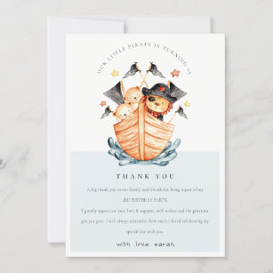 Cute Nautical Pirate Ship Lion Cub Kids Birthday Thank You Card