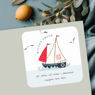 Cute Nautical Red Blue Sailboat Pastel Kid Address Square Sticker
