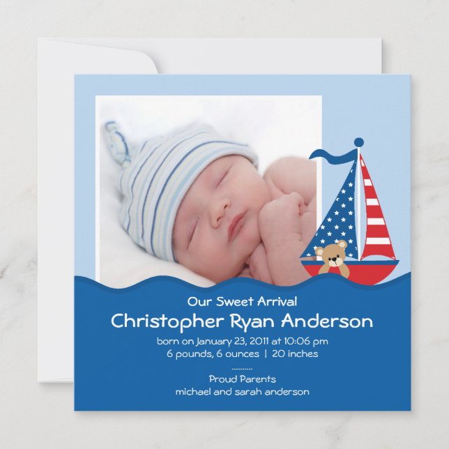 Cute Nautical Sailboat Baby Boy Photo Announcement (Front)