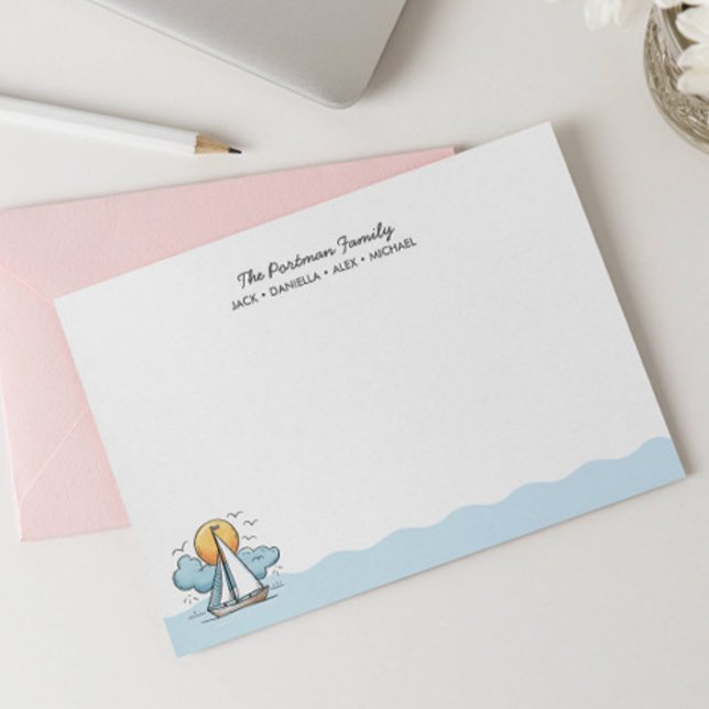 CUTE NAUTICAL SAILBOAT FAMILY NOTECARDS  (NAUTICAL NOTE CARD FOR FAMILIES WITH KIDS AND SAILBOATS PASSION)