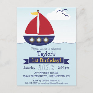Cute Nautical Sailboat Kid's Birthday Party Invitation Postcard