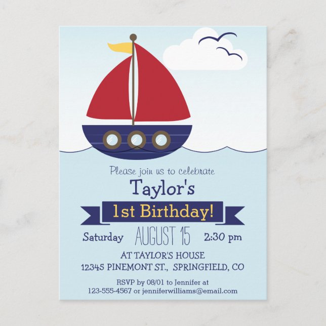 Cute Nautical Sailboat Kid's Birthday Party Invitation Postcard (Front)