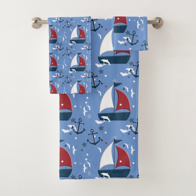 Cute Nautical Sailboat Pattern Kids Bath Towel Set (Insitu)