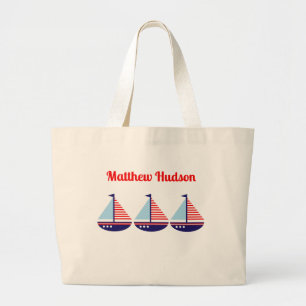 Cute Nautical Sailboat Personalised Kids Large Tote Bag