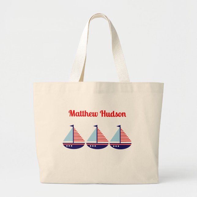 Cute Nautical Sailboat Personalised Kids Large Tote Bag (Front)
