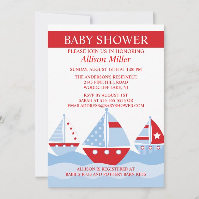 Cute Nautical SAILBOATS Boy Baby Shower Invitation (Front)