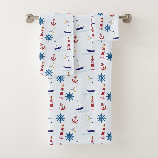 Cute Nautical Sailing Pattern Kids Bath Towel Set (Insitu)