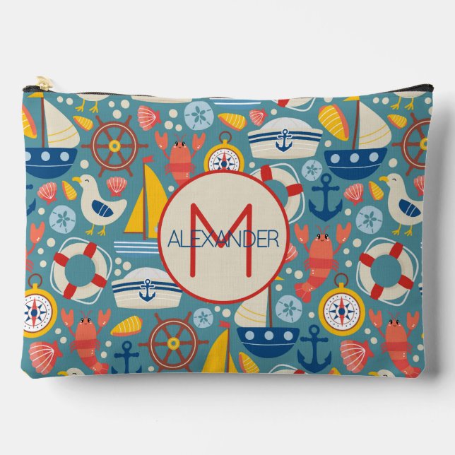 Cute Nautical Sea Life Monogram Accessory Pouch (Front)