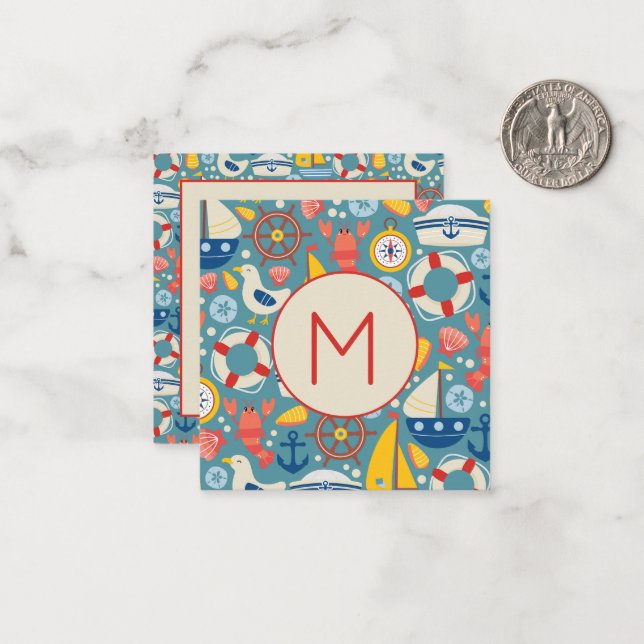 Cute Nautical Sea Life Monogram Card (Front/Back In Situ)