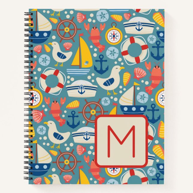 Cute Nautical Sea Life Monogram Notebook (Front)
