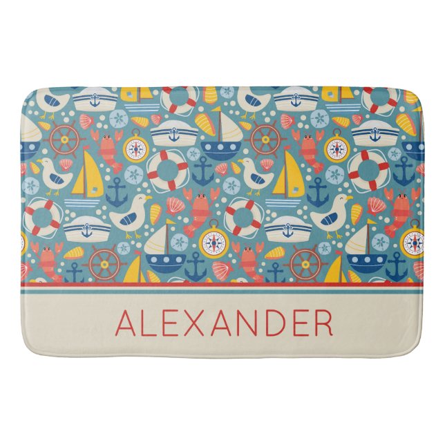 Cute Nautical Sea Life Personalised Bath Mat (Front)