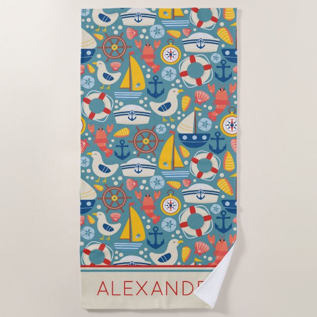 Cute Nautical Sea Life Personalised Beach Towel (Front)
