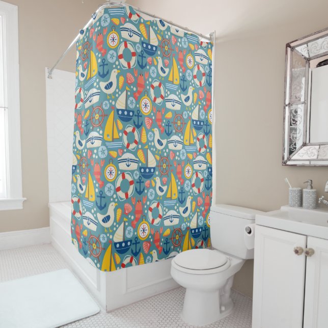 Cute Nautical Sea Life Shower Curtain (In Situ)
