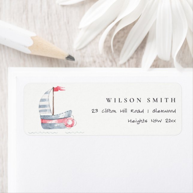 Cute Nautical Soft Red Blue Sailboat Kids Address (Insitu)