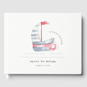 Cute Nautical Soft Red Blue Sailboat Kids Birthday Guest Book