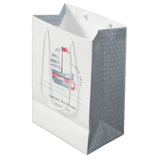 Cute Nautical Soft Red Blue Sailboat Kids Birthday Medium Gift Bag (Front Angled)