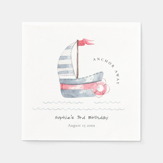 Cute Nautical Soft Red Blue Sailboat Kids Birthday Napkin (Front)