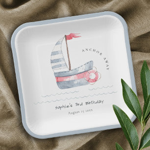 Cute Nautical Soft Red Blue Sailboat Kids Birthday Paper Plate