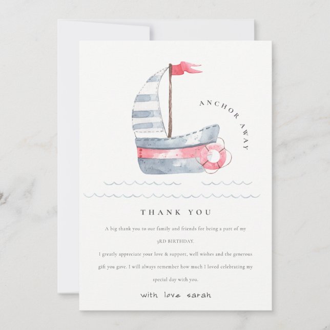 Cute Nautical Soft Red Blue Sailboat Kids Birthday Thank You Card (Front)