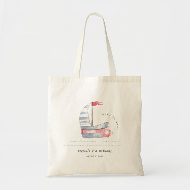 Cute Nautical Soft Red Blue Sailboat Kids Birthday Tote Bag (Front)