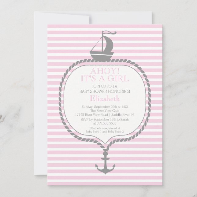 CUTE Nautical Stripe Pink Anchor Girls Baby Shower Invitation (Front)