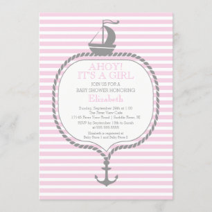 CUTE Nautical Stripe Pink Anchor Girls Baby Shower Invitation