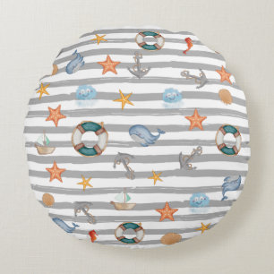 Cute nautical stripes pattern whale navy boat grey round cushion