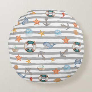 Cute nautical stripes pattern whale navy boat grey round cushion