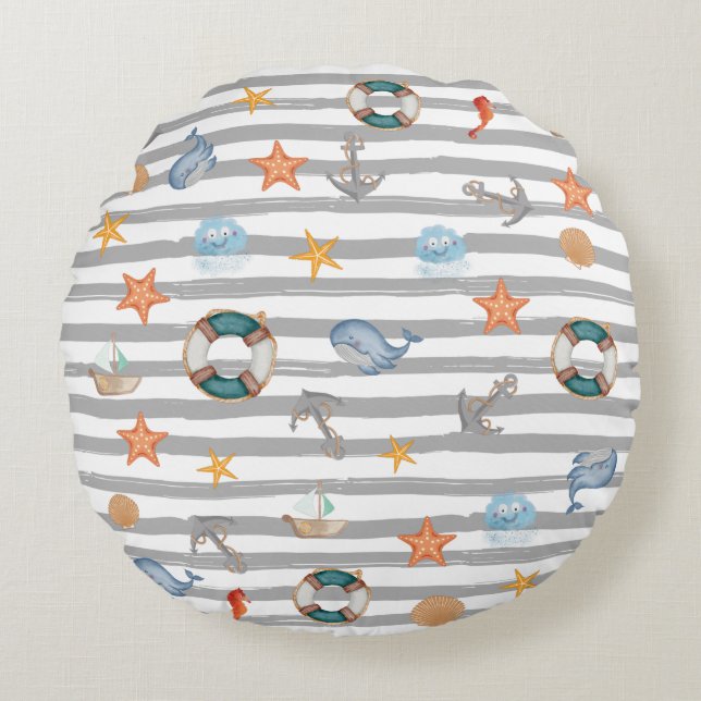 Cute nautical stripes pattern whale navy boat grey round cushion (Front)