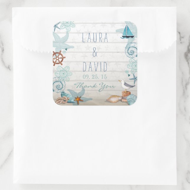 Cute nautical summer beach sea wedding square sticker (Bag)