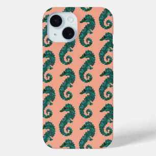 Cute Nautical Teal and Coral Seahorse Pattern iPhone 15 Case