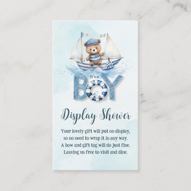 Cute Nautical Teddy Bear Boat Baby Display Shower Enclosure Card (Front)