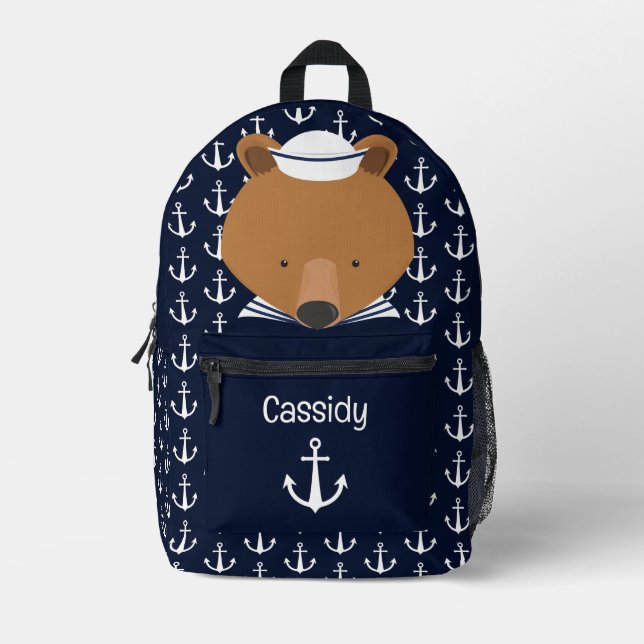 Cute Nautical Teddy Bear Kids Name Printed Backpack (Front)