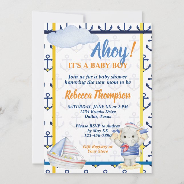Cute nautical theme boy baby shower invitation (Front)