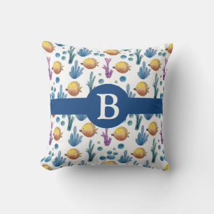 Cute Nautical Tropical Fish Sea Ocean Monogram Cushion