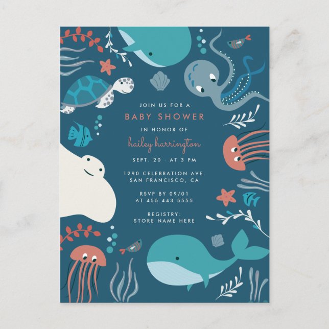 Cute Nautical Under The Sea Baby Shower Invitation Postcard (Front)