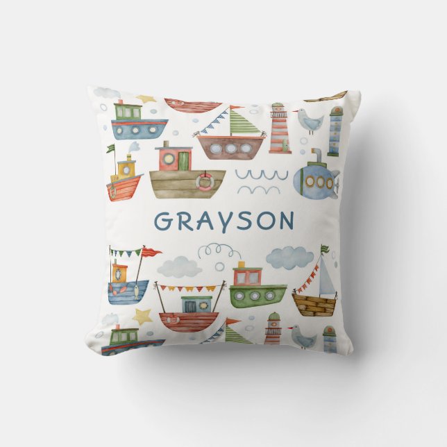 Cute Nautical Watercolor Boats Baby Boy Add Name Cushion (Front)