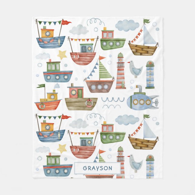 Cute Nautical Watercolor Boats Boy Personalised Fleece Blanket (Front)