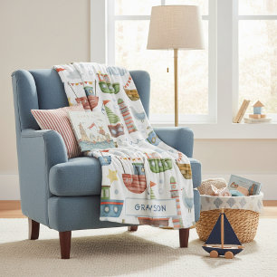 Cute Nautical Watercolor Boats Boy Personalised Fleece Blanket
