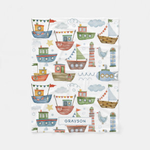 Cute Nautical Watercolor Boats Boy Personalised Fleece Blanket