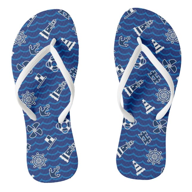 Cute Nautical Waves Pattern Flip Flops (Footbed)