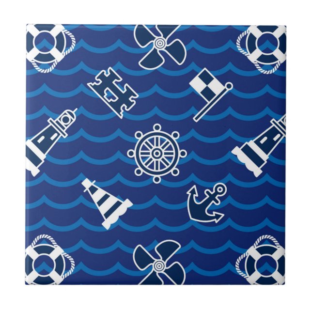 Cute Nautical Waves Pattern Tile (Front)