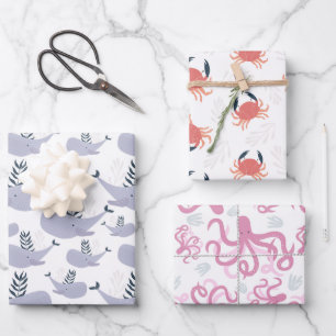 Cute Nautical Whale Crab Octopus Wrapping Paper Sheet