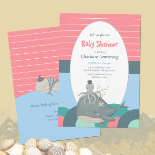 Cute Nautical Whale Octopus Pink Baby Shower Invitation