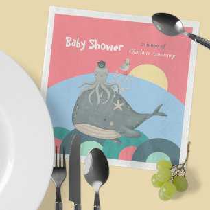 Cute Nautical Whale Squid Pink Baby Shower Napkin